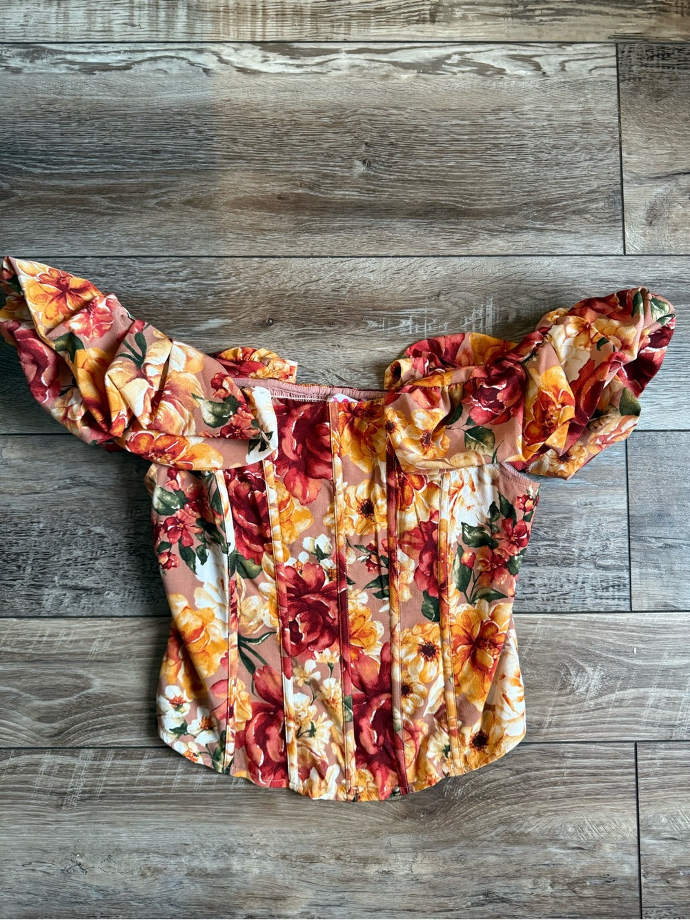 Buddy Love Floral Off-Shoulder Ruffle Bustier Top - Rust, Mustard, Cream, Green